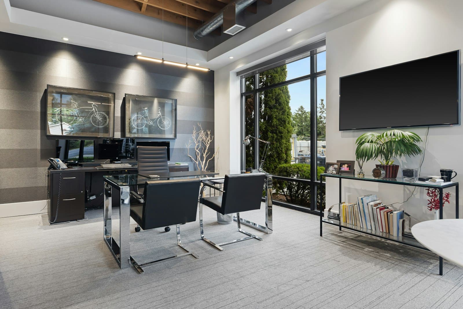 Wall-mounted flat-screen TV in a modern commercial office, the kind of display install we handle